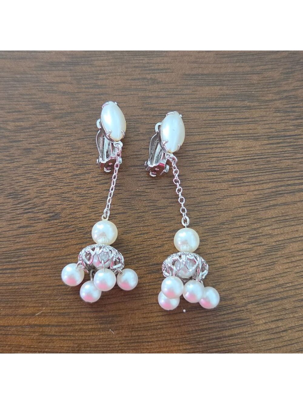 Lewis Segal Faux Pearl Cluster Dangle Silver Tone Clip On Vintage 60s Earrings